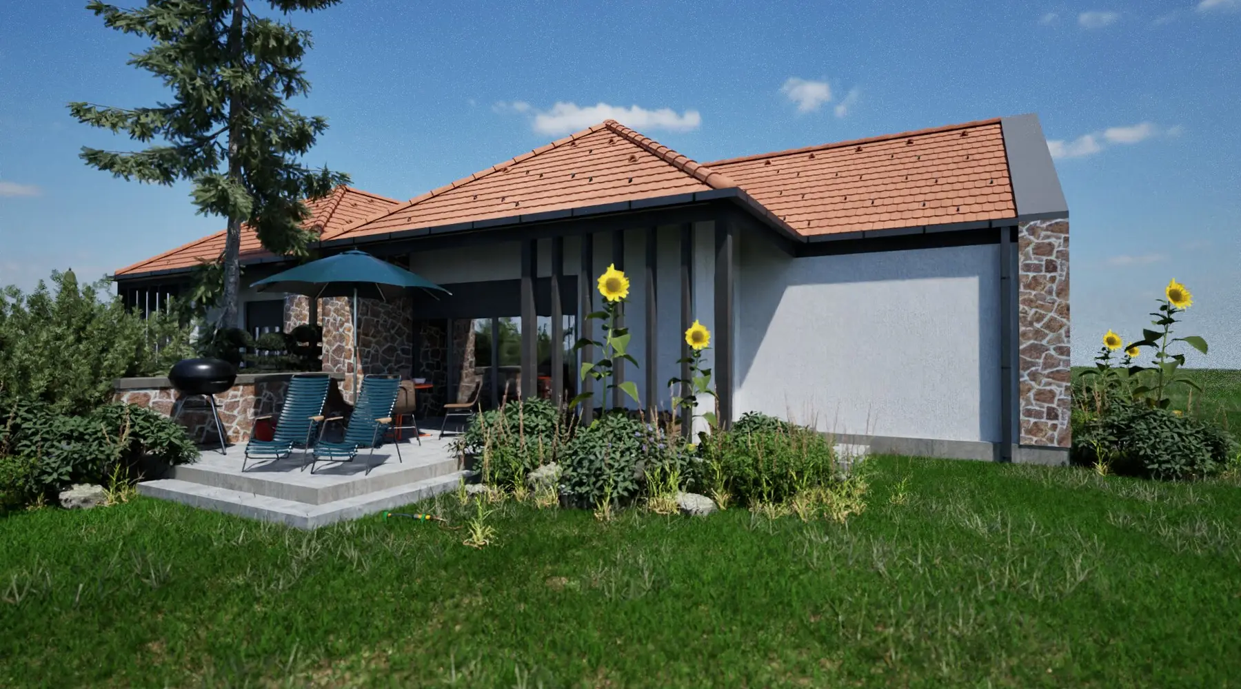 Visualisierung des Doppelhauses Annabella: Ziegeldach, steinverkleidete Giebel, überdachte Terrasse mit Lamellen, Sonnenschirm und Gartenmöbeln