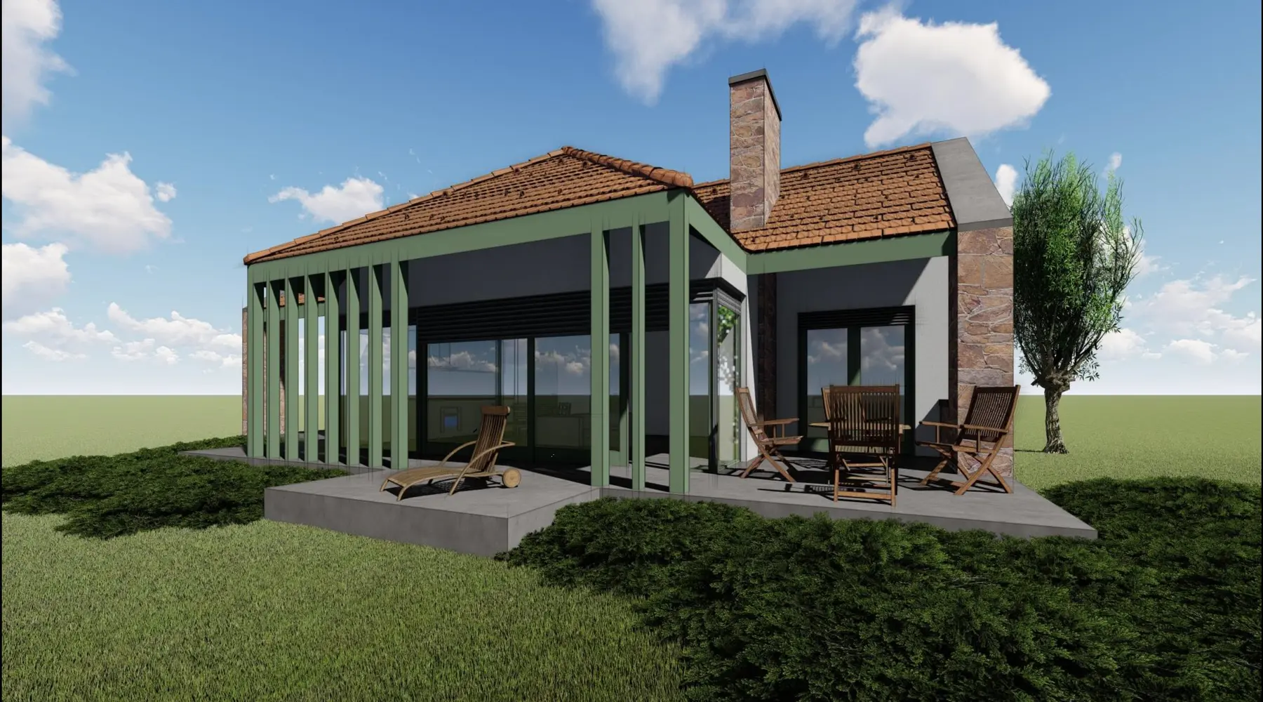 Visualisierung des Hauses Csenge mit steinverkleidetem Giebel, Ziegeldach und Lamellenpergola vor der Terrasse